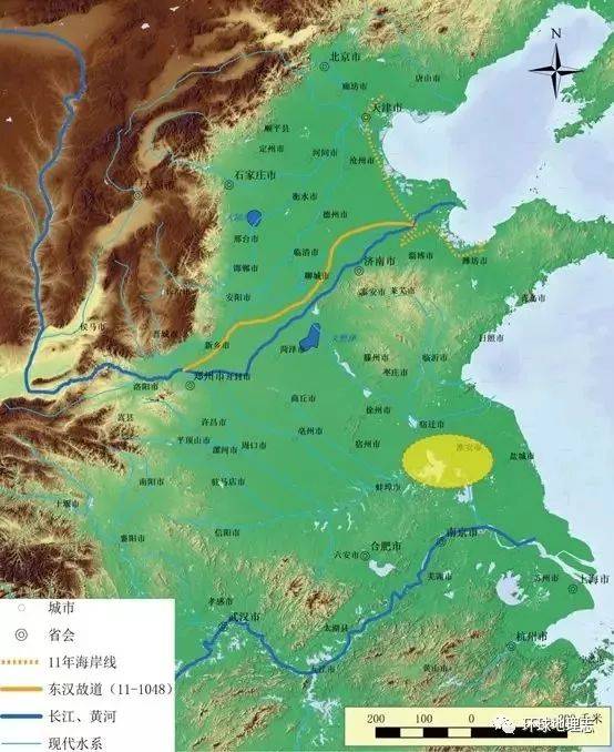 东汉至宋时期黄河故道图-黄色范围为淮安